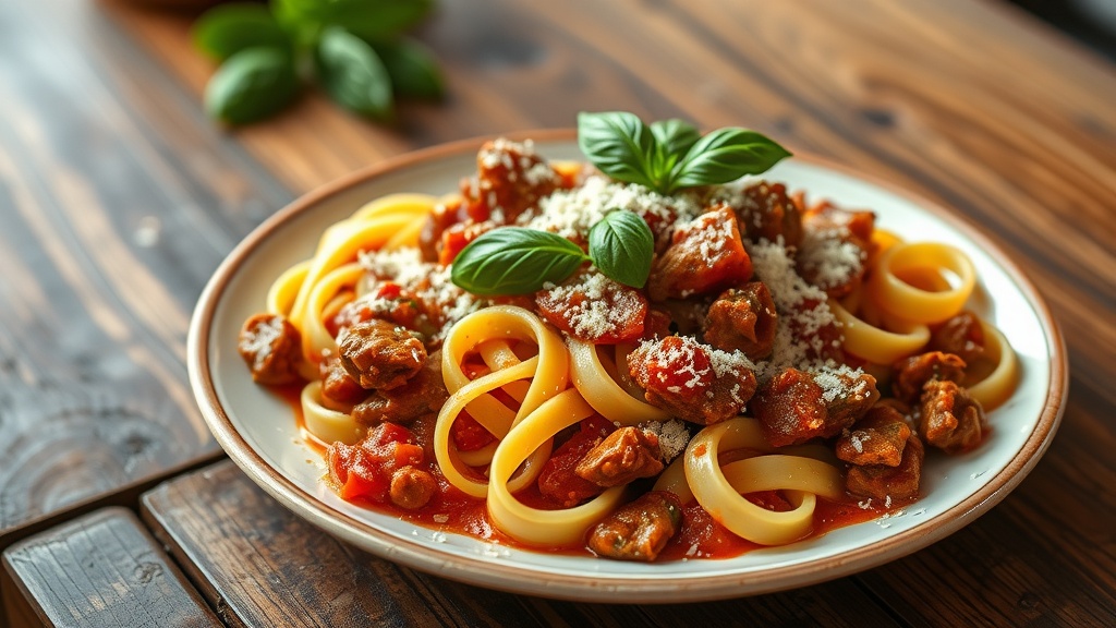 Classic Tagliatelle al Ragu Recipe A plate of Tagliatelle al Ragu garnished with Parmesan and basil on a rustic wooden table.